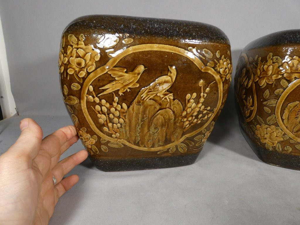 Pair Of Japanese Stoneware Flower And Bird Pot Holders, Early 20th Century-photo-4