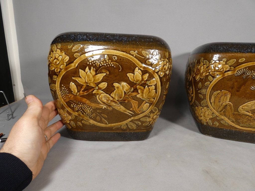 Pair Of Japanese Stoneware Flower And Bird Pot Holders, Early 20th Century-photo-1