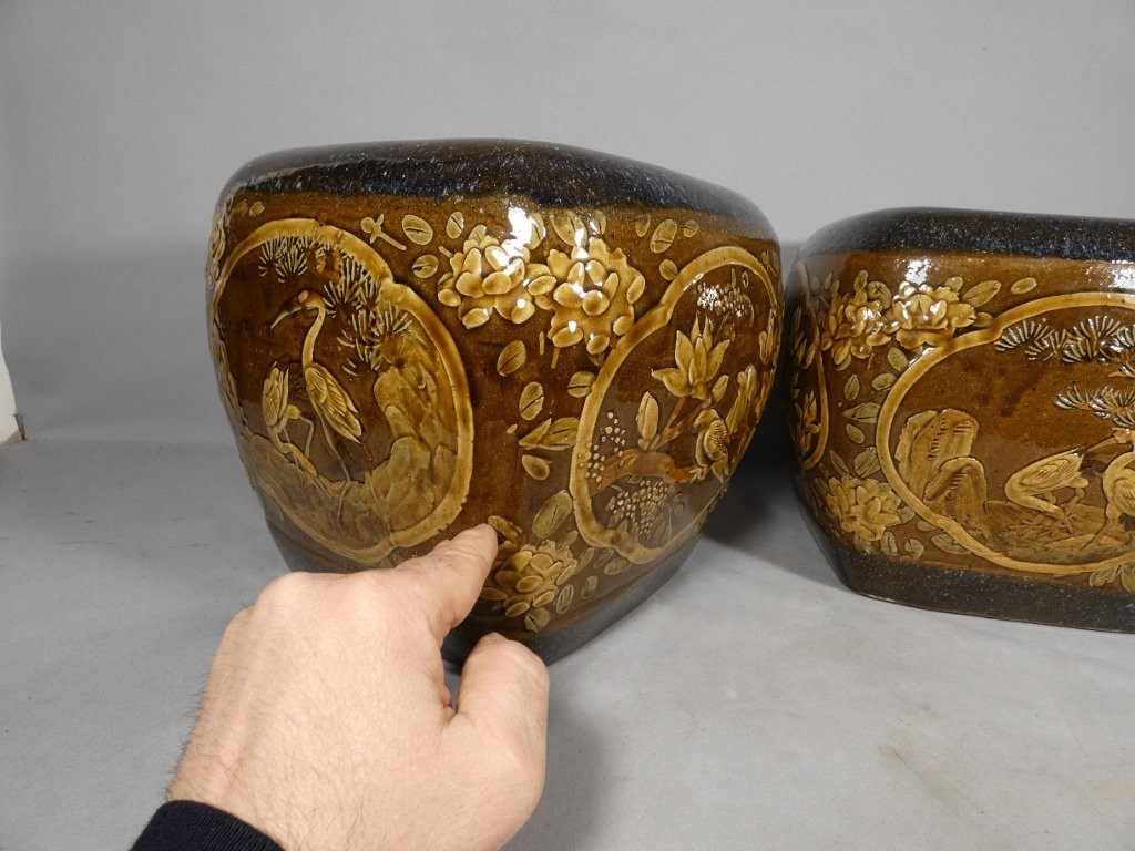 Pair Of Japanese Stoneware Flower And Bird Pot Holders, Early 20th Century-photo-2