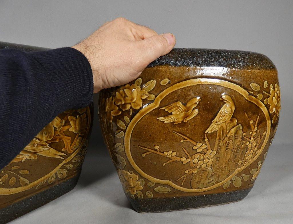 Pair Of Japanese Stoneware Flower And Bird Pot Holders, Early 20th Century-photo-3