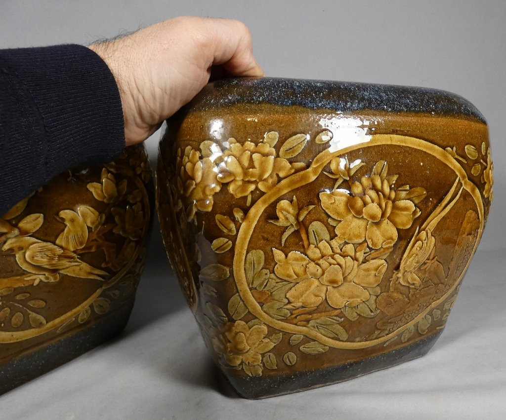 Pair Of Japanese Stoneware Flower And Bird Pot Holders, Early 20th Century-photo-4