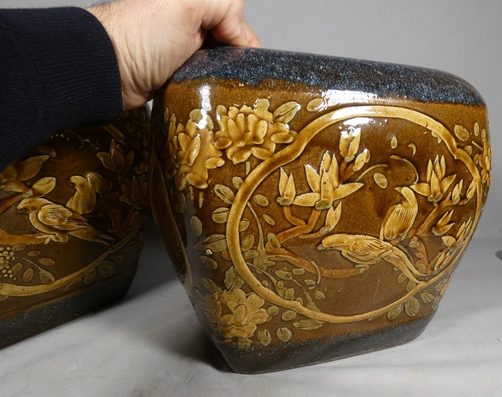 Pair Of Japanese Stoneware Flower And Bird Pot Holders, Early 20th Century-photo-5