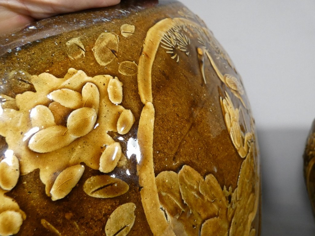 Pair Of Japanese Stoneware Flower And Bird Pot Holders, Early 20th Century-photo-6