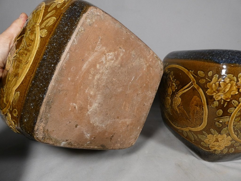 Pair Of Japanese Stoneware Flower And Bird Pot Holders, Early 20th Century-photo-7