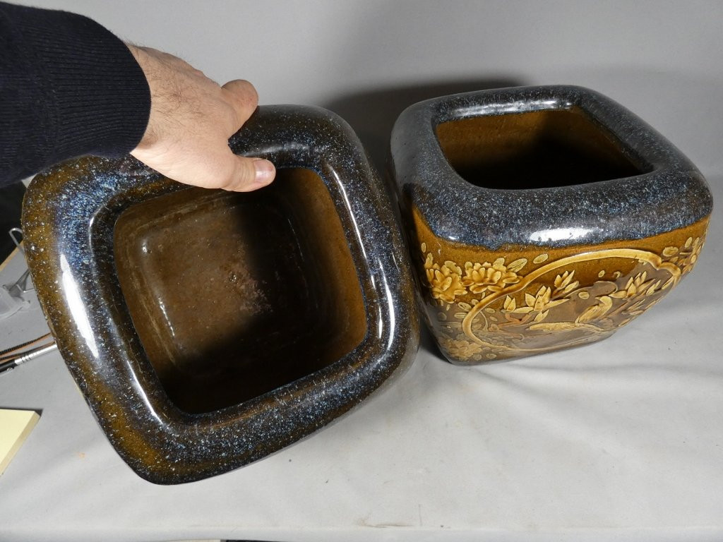 Pair Of Japanese Stoneware Flower And Bird Pot Holders, Early 20th Century-photo-8