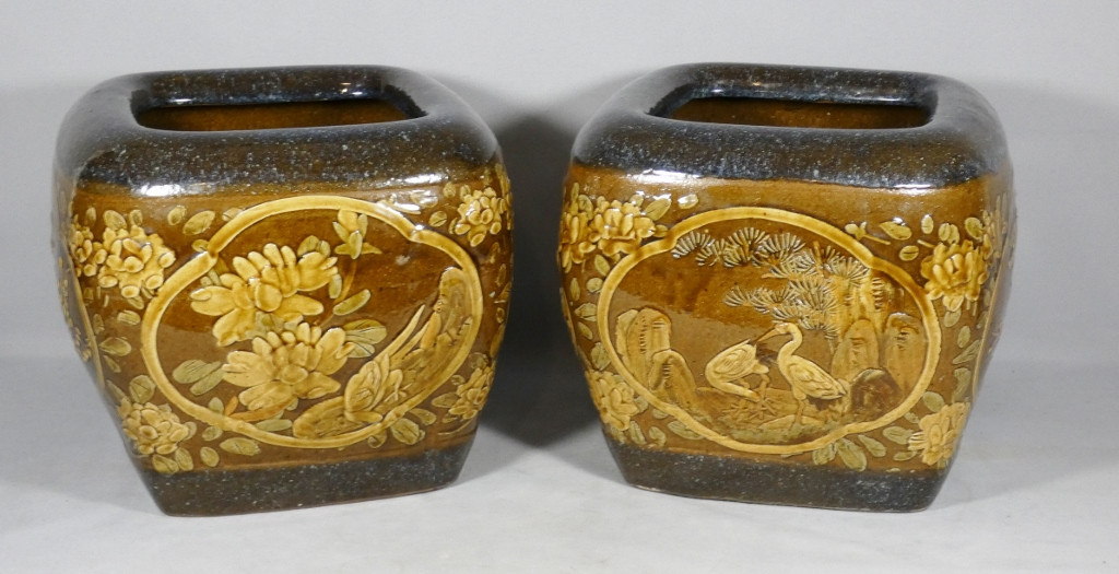 Pair Of Japanese Stoneware Flower And Bird Pot Holders, Early 20th Century