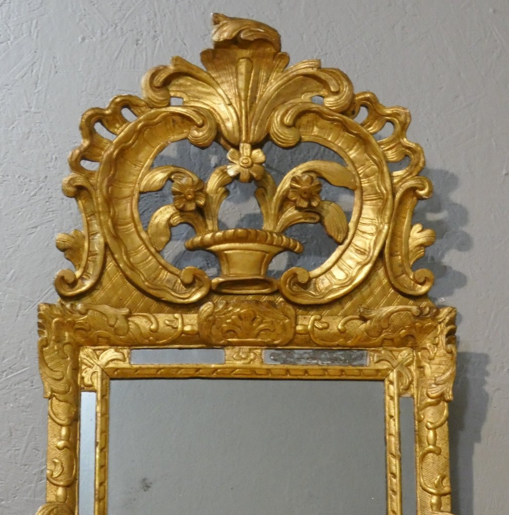 Miroir à parcloses Régence en bois sculpté doré, époque début XVIII ème-photo-2