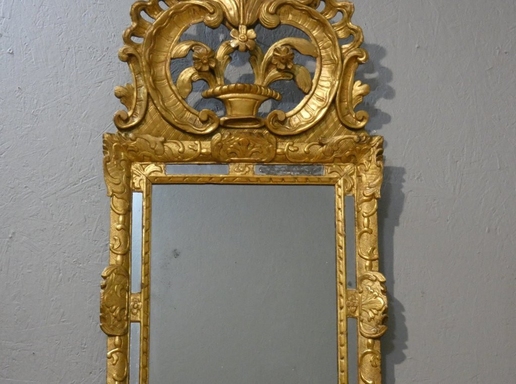 Miroir à parcloses Régence en bois sculpté doré, époque début XVIII ème-photo-3