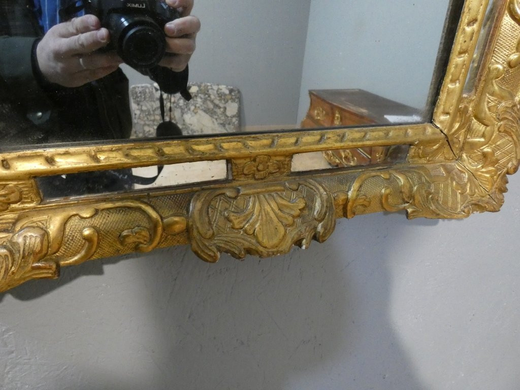 Miroir à parcloses Régence en bois sculpté doré, époque début XVIII ème-photo-4