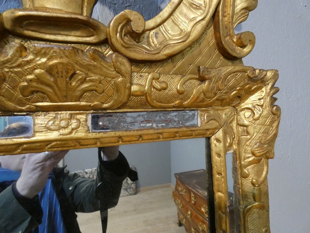 Miroir à parcloses Régence en bois sculpté doré, époque début XVIII ème-photo-5