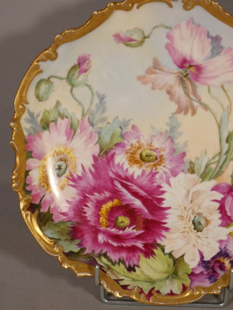 Les pavots, assiettes plat décoratif  en porcelaine de Limoges daté 1908 par Mireille Boirlaud-photo-2