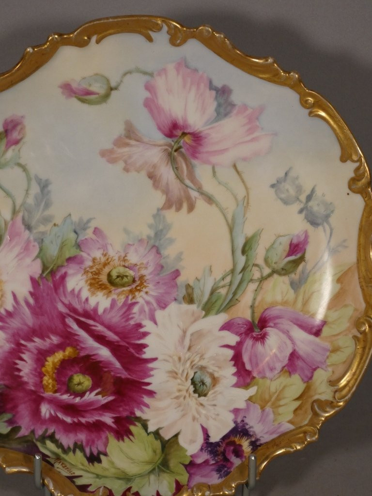 Les pavots, assiettes plat décoratif  en porcelaine de Limoges daté 1908 par Mireille Boirlaud-photo-3