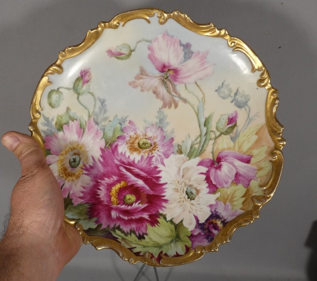 Les pavots, assiettes plat décoratif  en porcelaine de Limoges daté 1908 par Mireille Boirlaud-photo-2