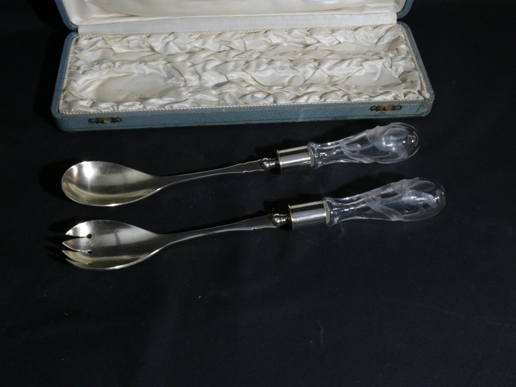 Art Nouveau Engraved Glass And Silver-plated Salad Servers By Victor Saglier-photo-2