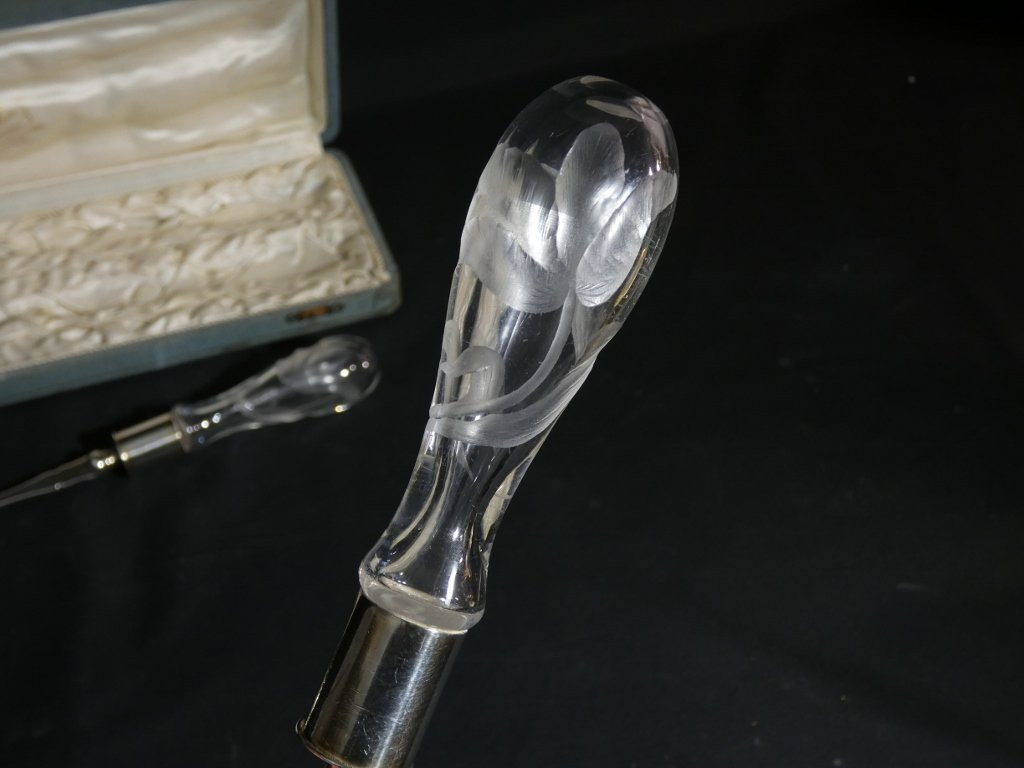 Art Nouveau Engraved Glass And Silver-plated Salad Servers By Victor Saglier-photo-3