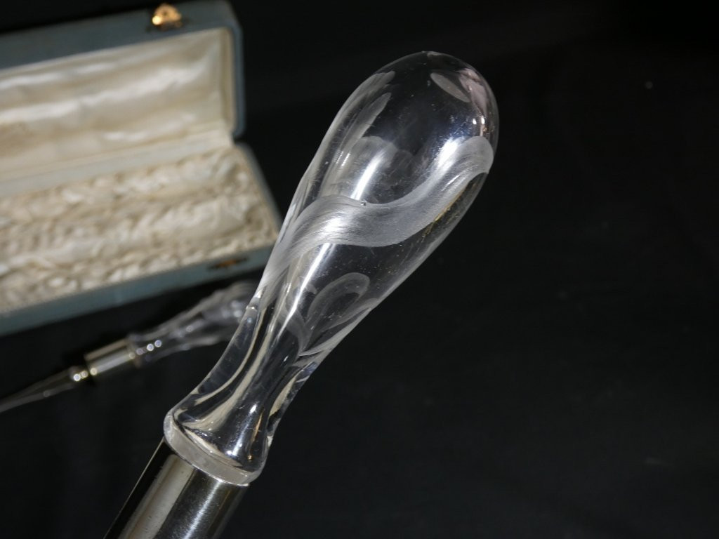 Art Nouveau Engraved Glass And Silver-plated Salad Servers By Victor Saglier-photo-1