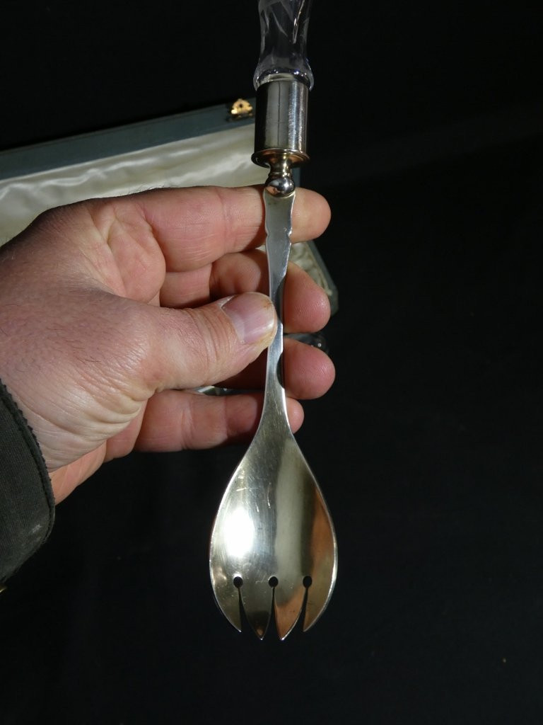 Art Nouveau Engraved Glass And Silver-plated Salad Servers By Victor Saglier-photo-2