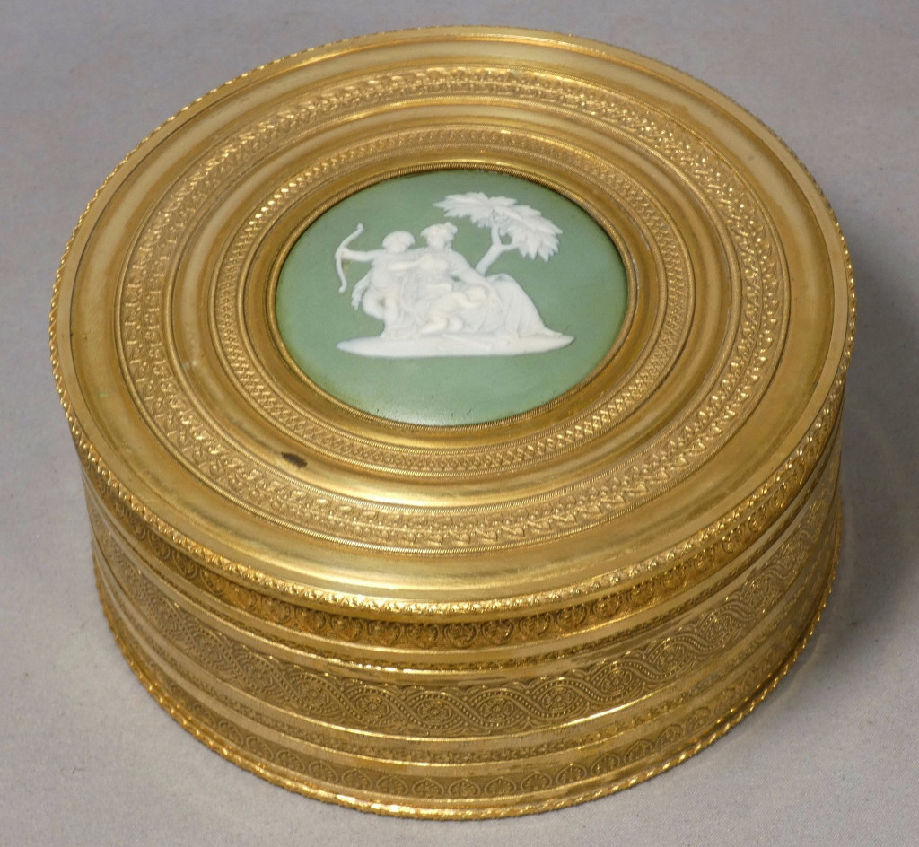 Empire Style Chased Brass And Gilt Jewelry Box, Wedgwood Medallion, 19th Century