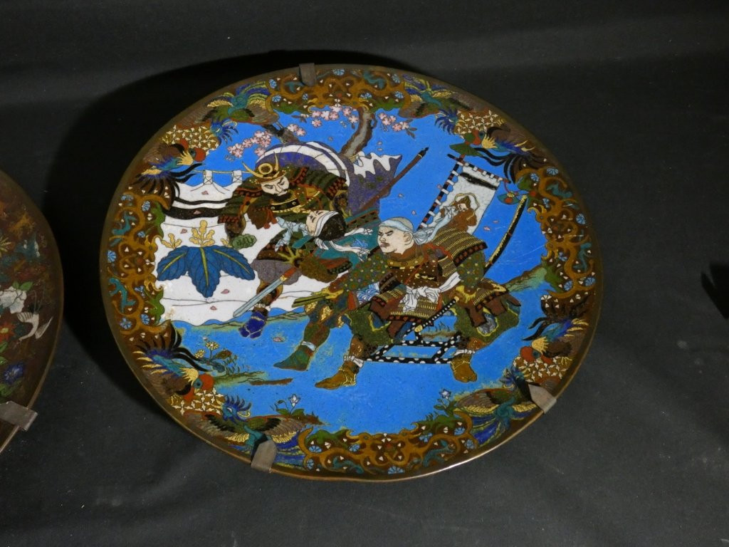 The Samurai, Pair Of Japanese Dishes In Cloisonné Enamel On Copper, Meiji Period, 19th Century-photo-2