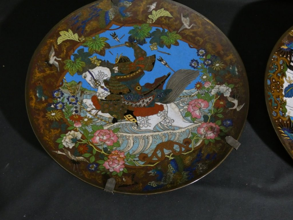 The Samurai, Pair Of Japanese Dishes In Cloisonné Enamel On Copper, Meiji Period, 19th Century-photo-3