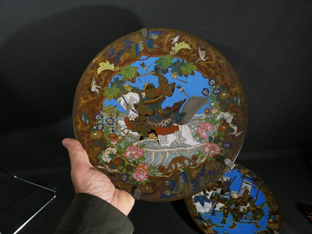 The Samurai, Pair Of Japanese Dishes In Cloisonné Enamel On Copper, Meiji Period, 19th Century-photo-4