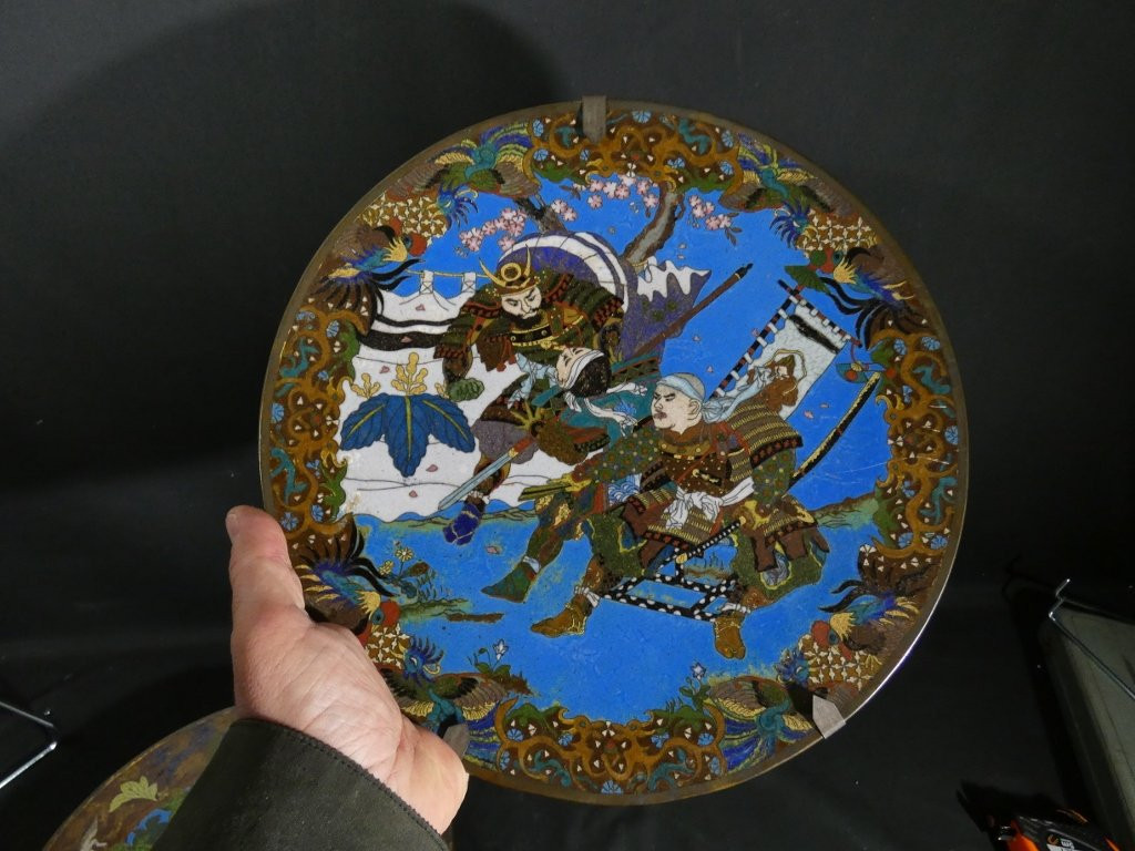 The Samurai, Pair Of Japanese Dishes In Cloisonné Enamel On Copper, Meiji Period, 19th Century-photo-4