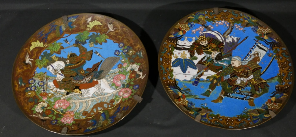 The Samurai, Pair Of Japanese Dishes In Cloisonné Enamel On Copper, Meiji Period, 19th Century