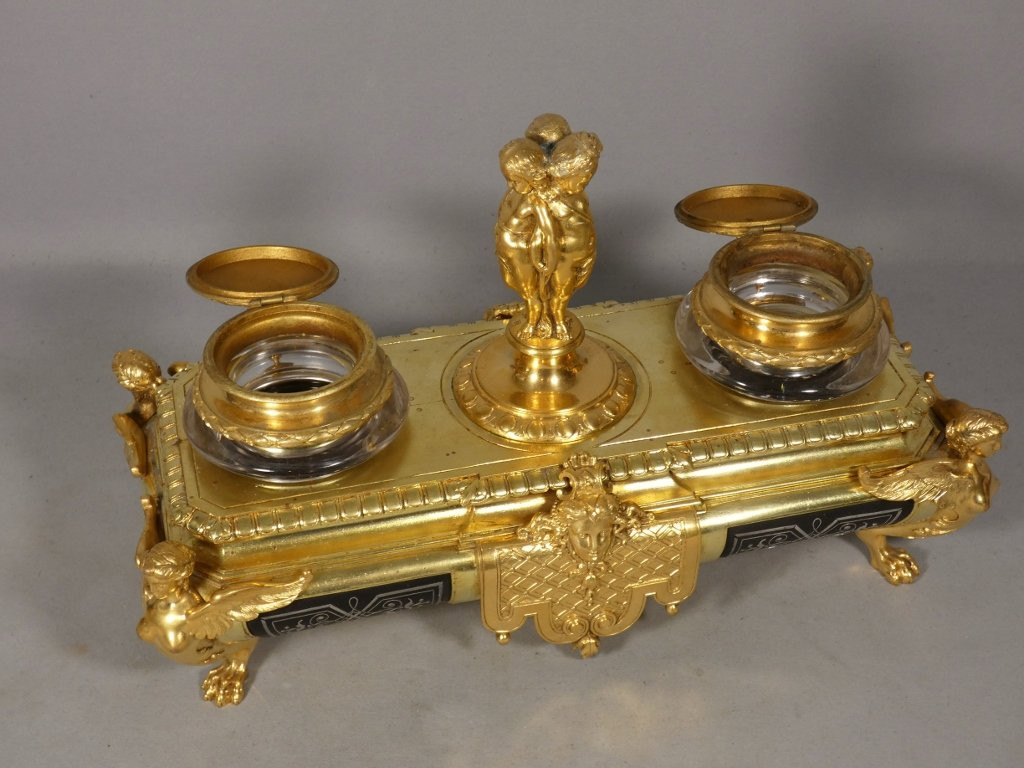 Victor Paillard (1805-1886), encrier double style Régence en bronze doré et marqueterie d'étain-photo-3