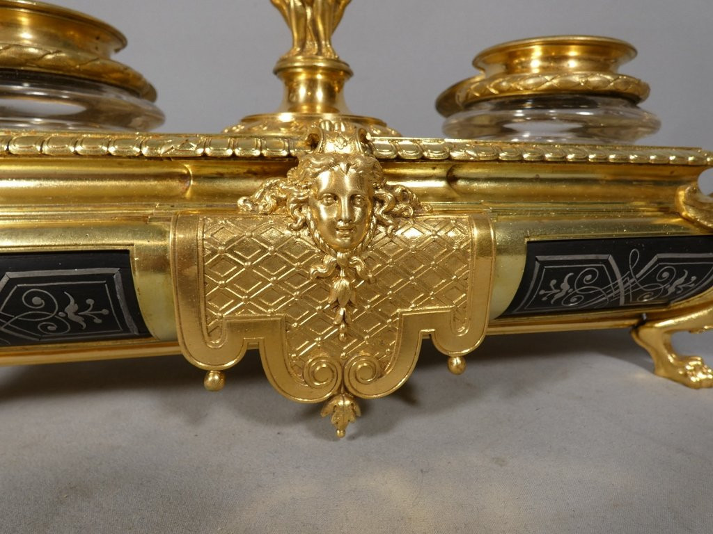 Victor Paillard (1805-1886), encrier double style Régence en bronze doré et marqueterie d'étain-photo-4