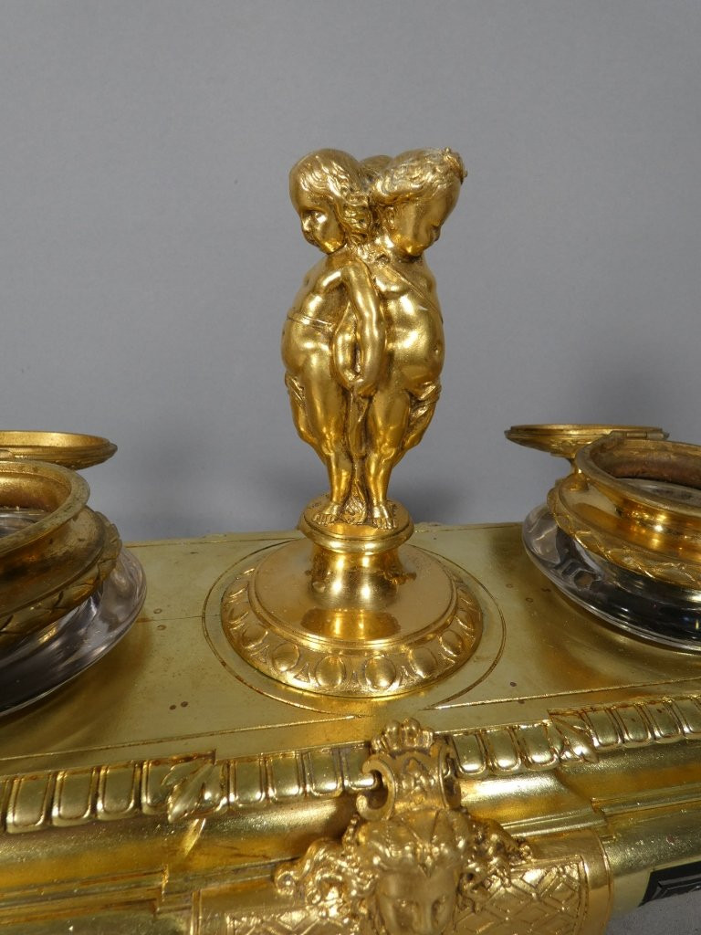 Victor Paillard (1805-1886), encrier double style Régence en bronze doré et marqueterie d'étain-photo-3