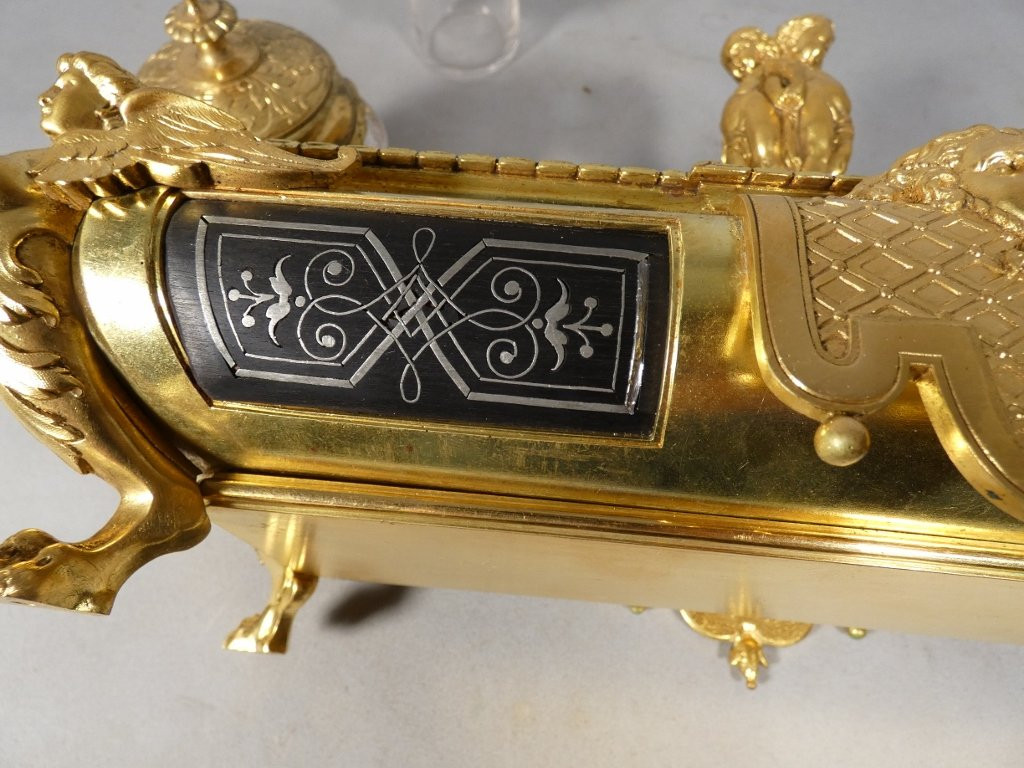 Victor Paillard (1805-1886), encrier double style Régence en bronze doré et marqueterie d'étain-photo-6