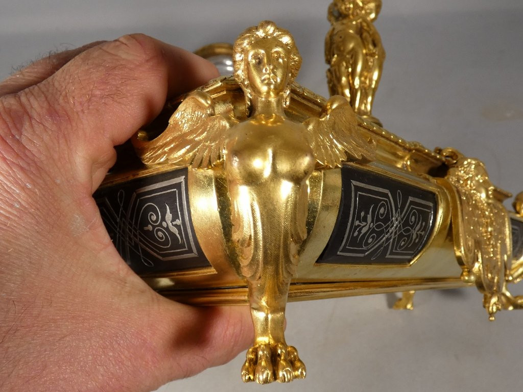 Victor Paillard (1805-1886), encrier double style Régence en bronze doré et marqueterie d'étain-photo-7