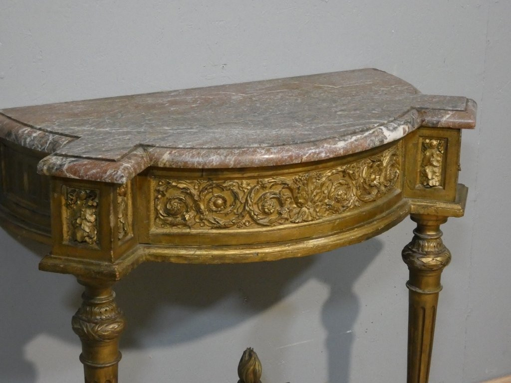 Louis XVI Style Gilded Wood And Marble Half-moon Console, 19th Century-photo-2