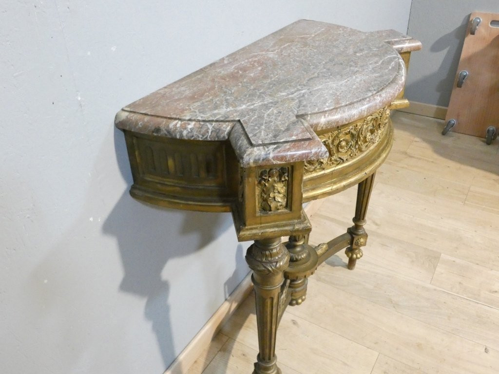 Louis XVI Style Gilded Wood And Marble Half-moon Console, 19th Century-photo-3