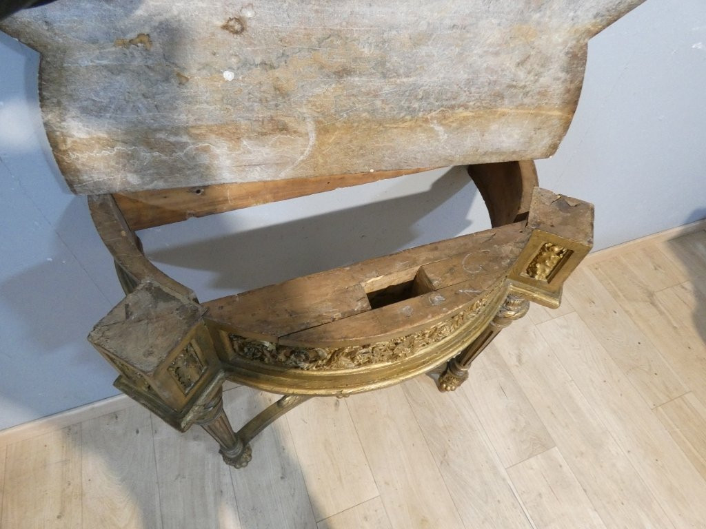 Louis XVI Style Gilded Wood And Marble Half-moon Console, 19th Century-photo-8