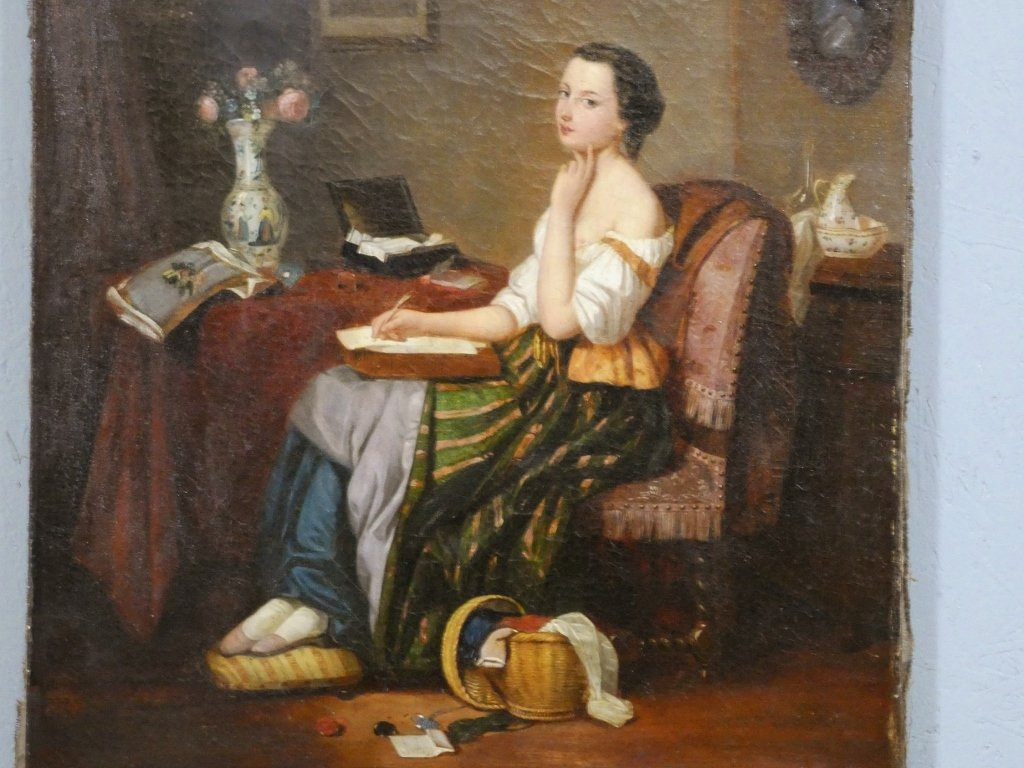 Jeune femme à la lettre, tableau huile sur toile époque XIX ème-photo-3