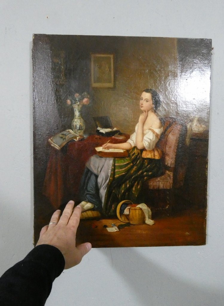Jeune femme à la lettre, tableau huile sur toile époque XIX ème-photo-4