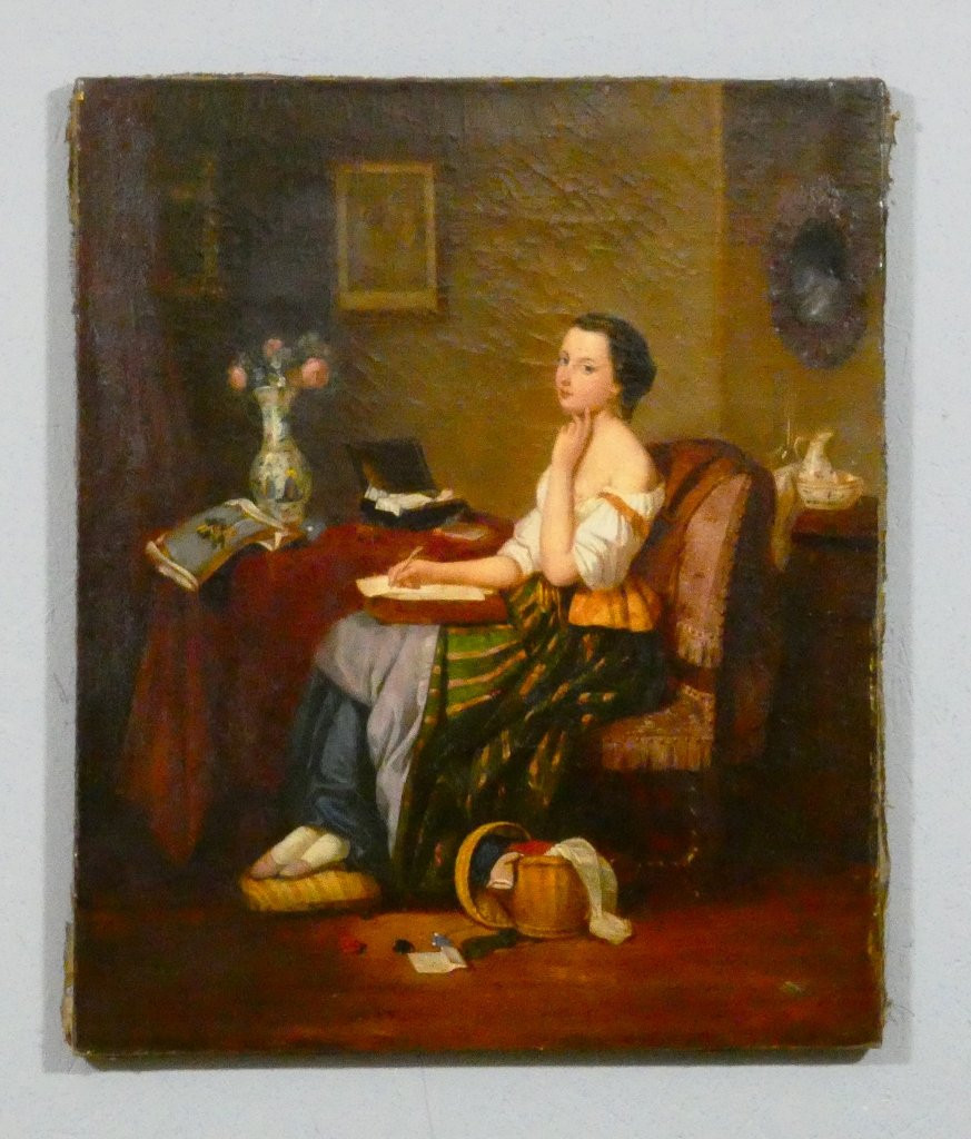 Jeune femme à la lettre, tableau huile sur toile époque XIX ème-photo-1