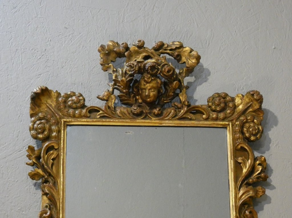 Miroir italien baroque aux anges en bois doré, époque début XVIII ème siècle-photo-2