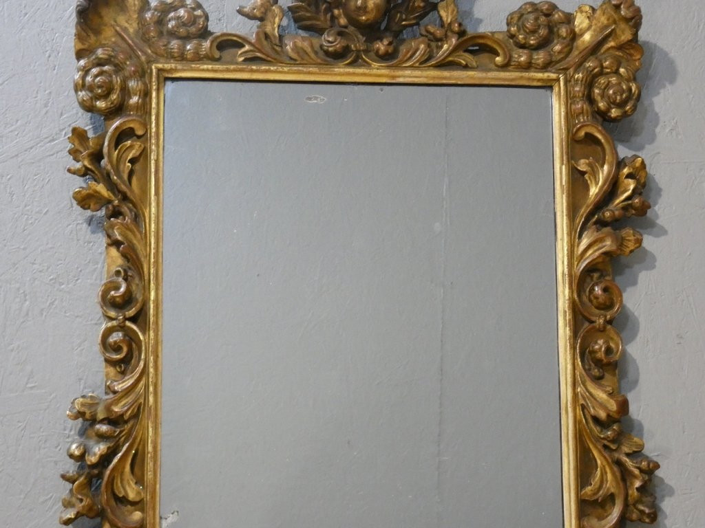Miroir italien baroque aux anges en bois doré, époque début XVIII ème siècle-photo-3