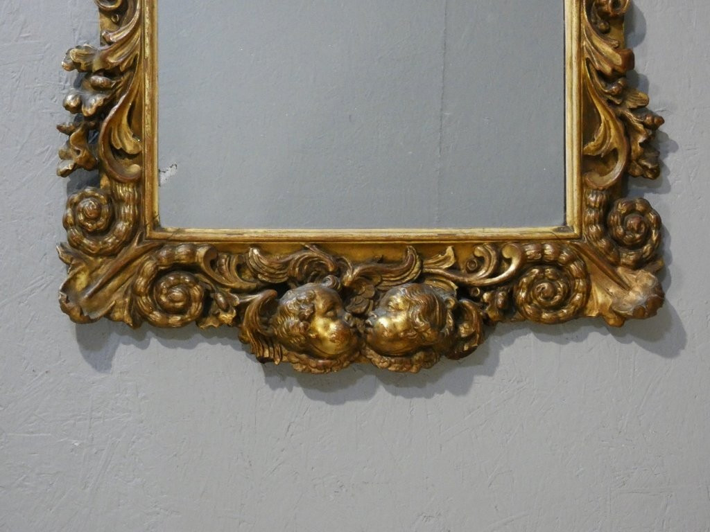 Miroir italien baroque aux anges en bois doré, époque début XVIII ème siècle-photo-4
