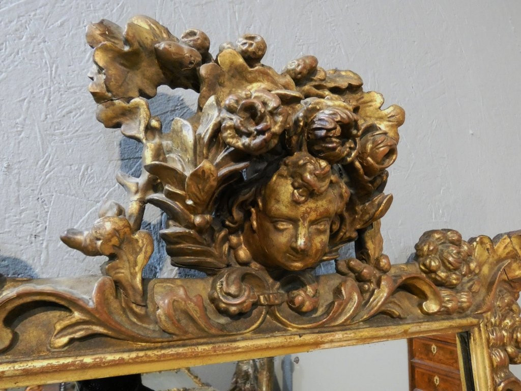 Miroir italien baroque aux anges en bois doré, époque début XVIII ème siècle-photo-2