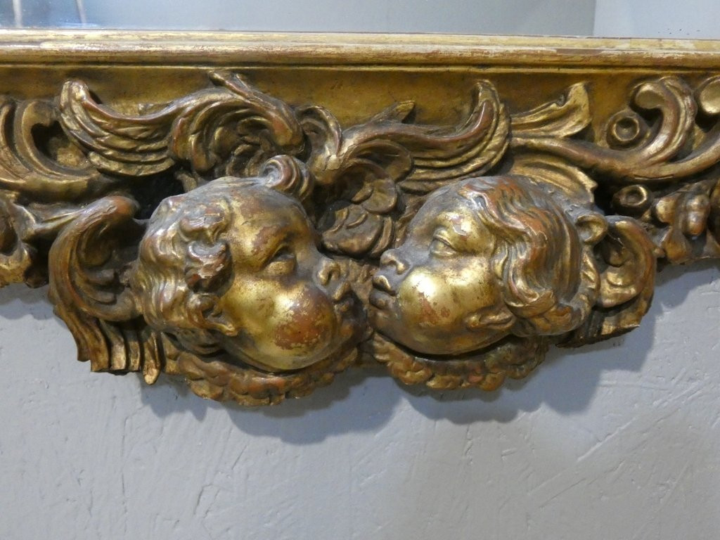 Miroir italien baroque aux anges en bois doré, époque début XVIII ème siècle-photo-4