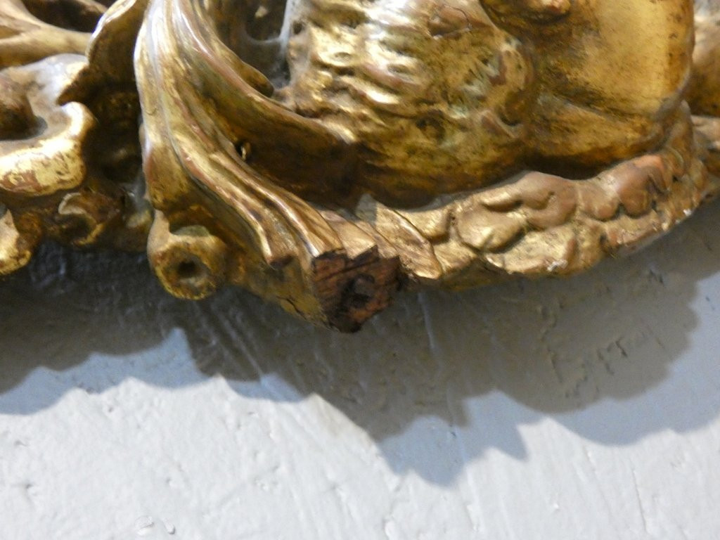 Miroir italien baroque aux anges en bois doré, époque début XVIII ème siècle-photo-5
