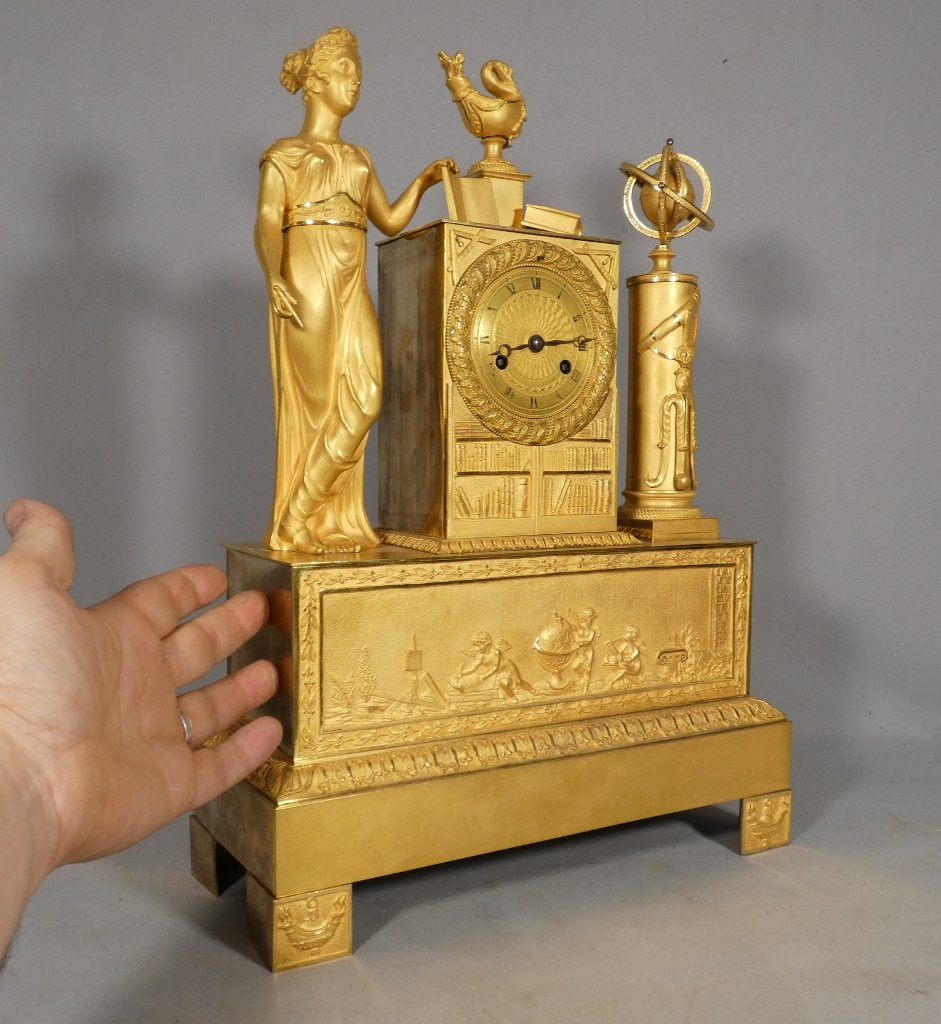 Uranie, Empire Period Gilt Bronze Clock With Allegory Of Astronomy And Science, XIX è-photo-6