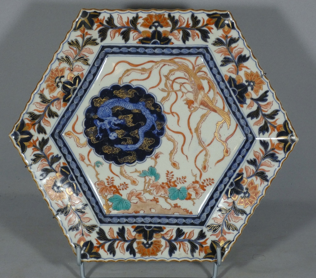 Imari, Hexagonal Japanese Porcelain Dish With Dragon Design, Meiji Period, 19th Century