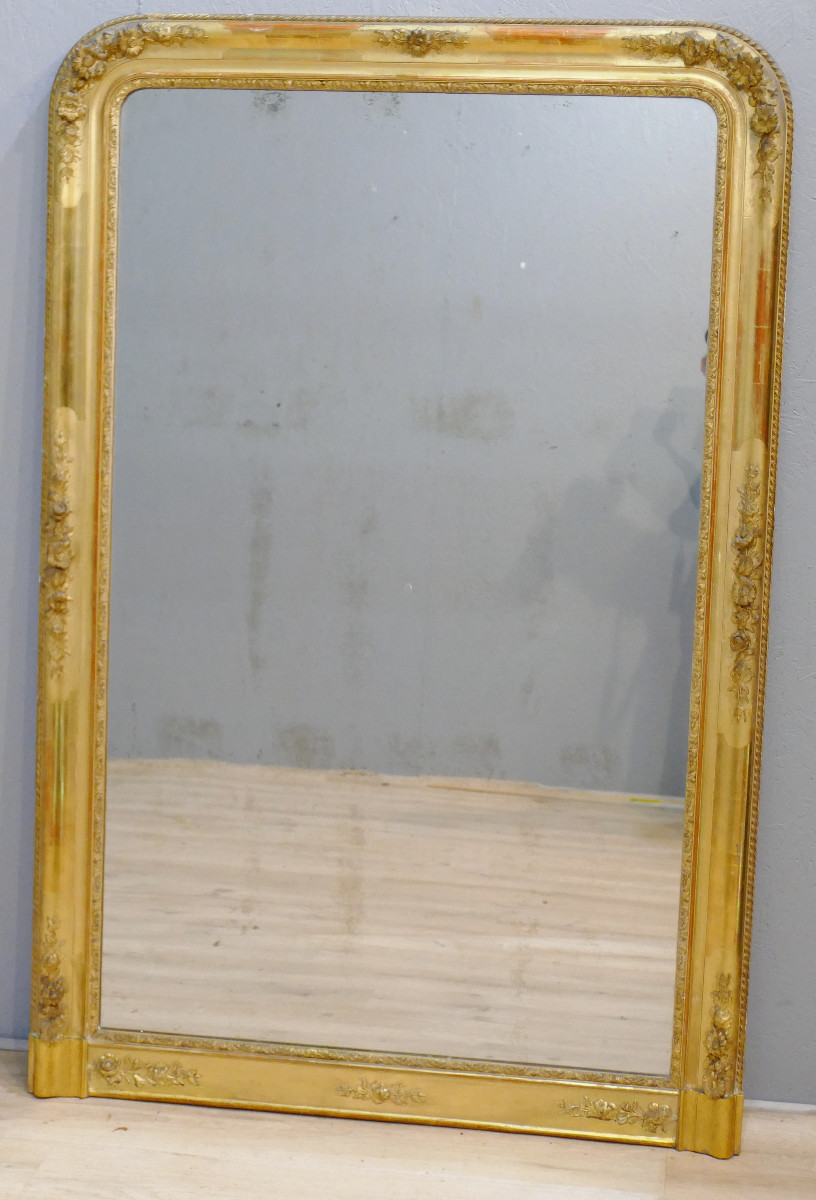 Grand Miroir (169*112 Cm) Aux Roses En Relief, Bois Doré, Louis Philippe, Début XIX ème 