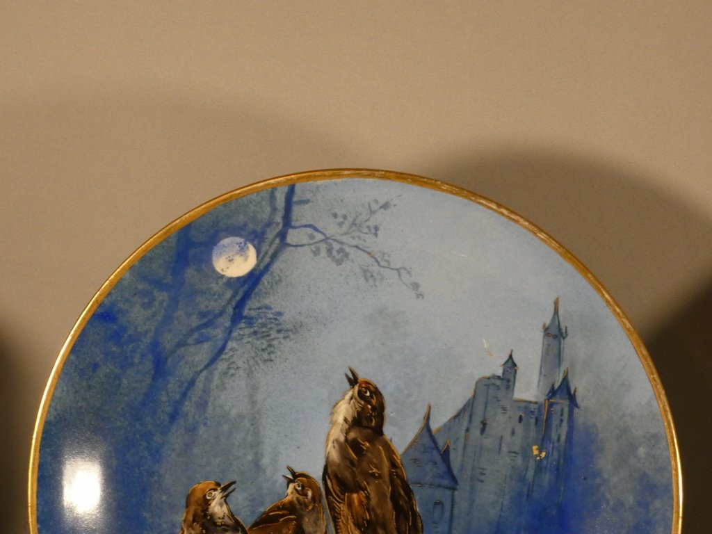 Paire de plats aux oiseaux, moineaux et hirondelles en porcelaine de Limoges peint main-photo-2