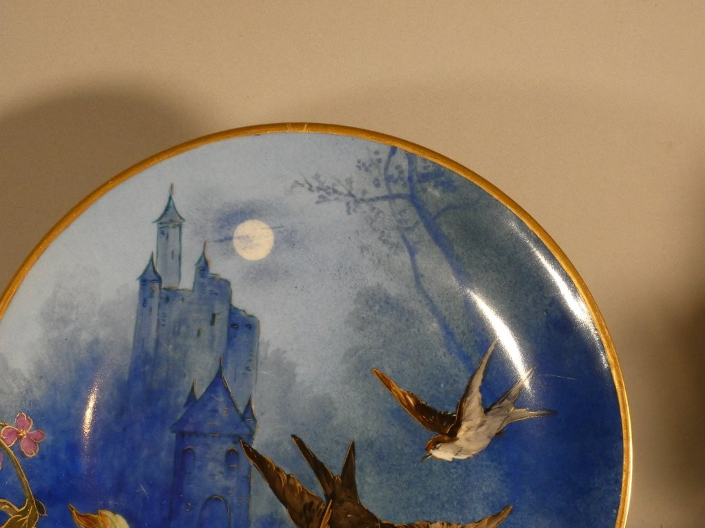 Paire de plats aux oiseaux, moineaux et hirondelles en porcelaine de Limoges peint main-photo-4