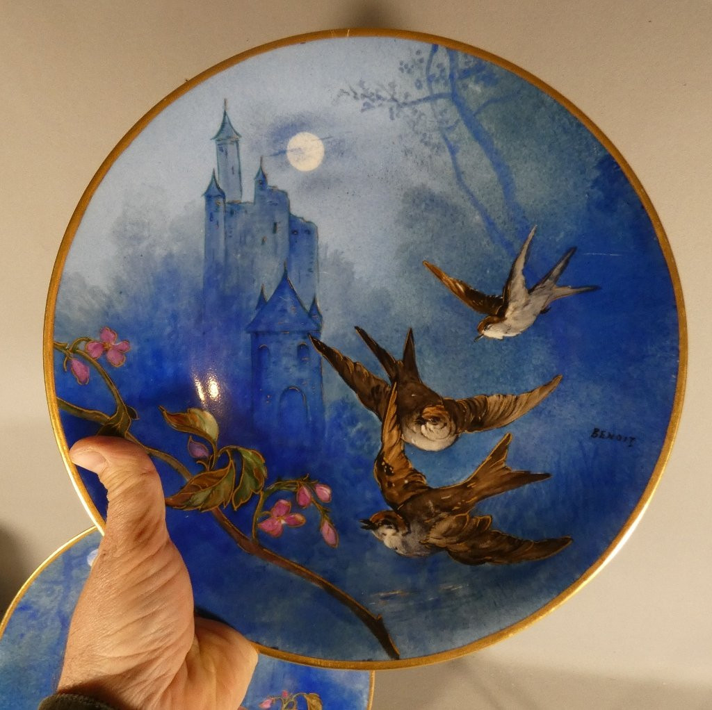 Paire de plats aux oiseaux, moineaux et hirondelles en porcelaine de Limoges peint main-photo-5